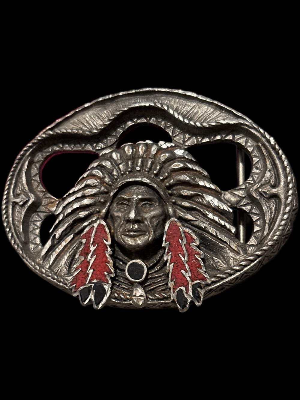 Vintage 90’s EJC (O) Native Chief Belt Buckle with Red Feather Accents - Picture 6 of 10
